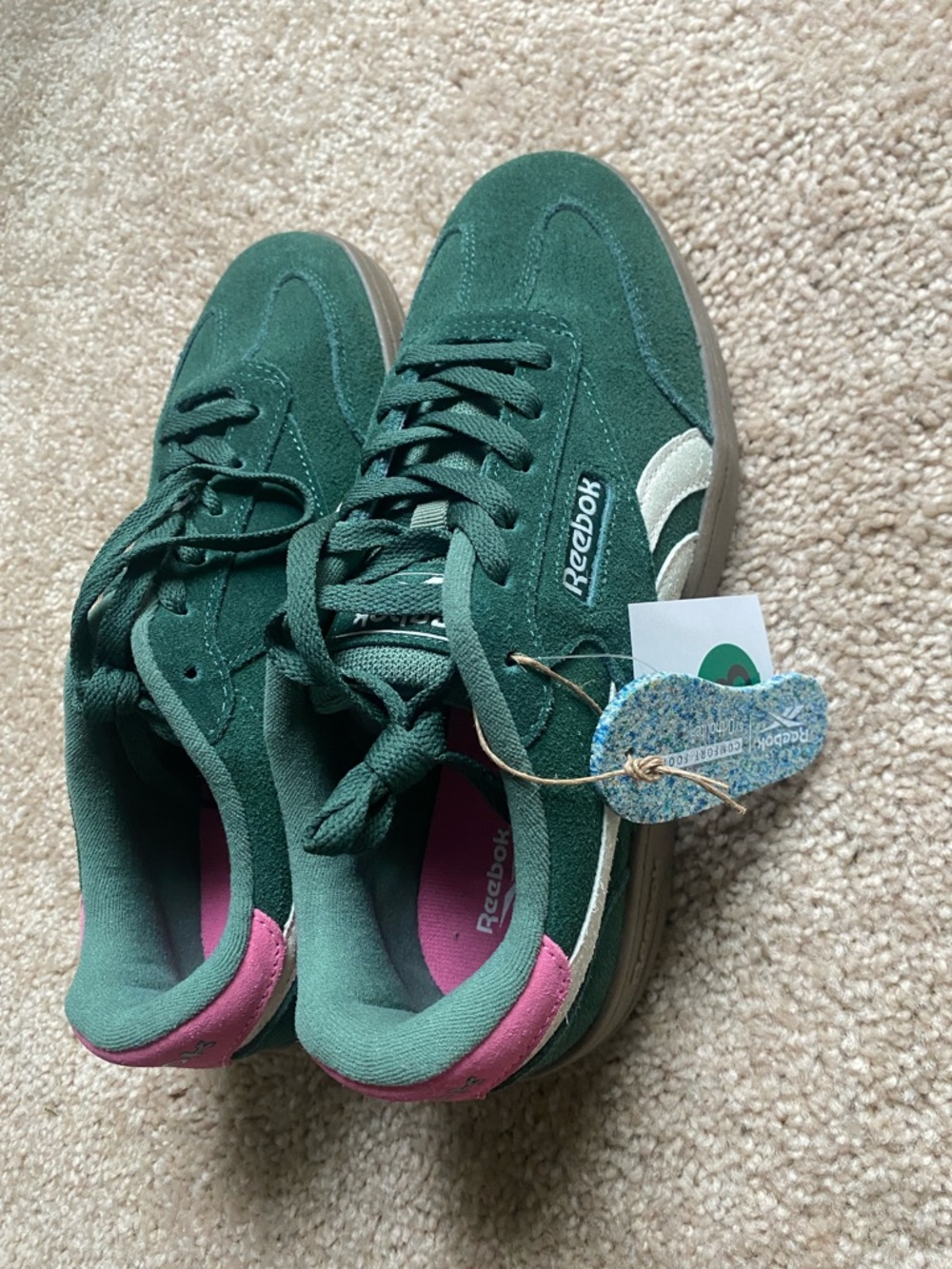 Reebok Women’s Forest Green Suede Sneakers with Pink Heel